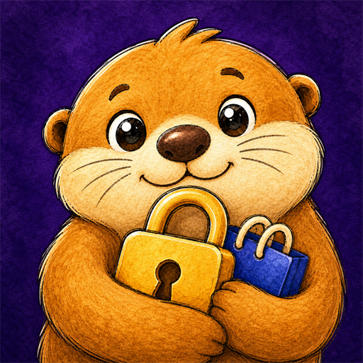 Walter the otter holding a gold lock and blue shopping bag